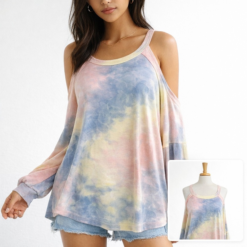 Bluivy Tie Dye Cold Shoulder Tunic‎ Top Boho Flowy Stretch Pastel L